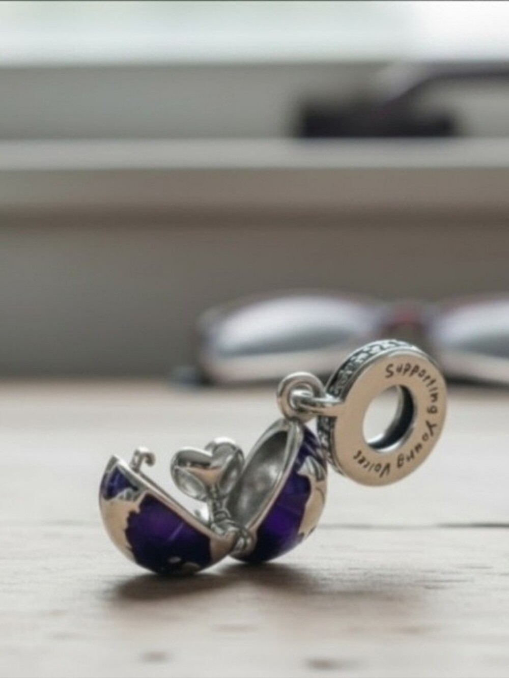 Pandora Blue Globe Locket Dangle Charm with Silver Accents.